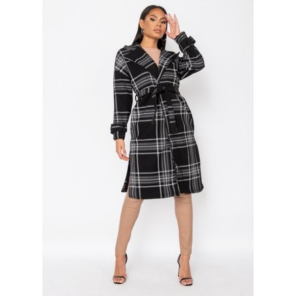 Black Plaid Check Wool Blend Long Sleeve Belted Lapel Collared Trench Coat - Picture 3 of 11